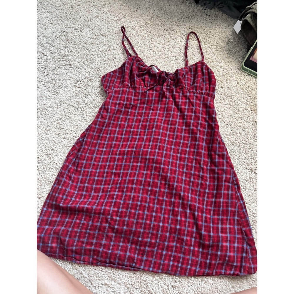 Red Plaid Mini Dress Spaghetti Strap Checkered A-Line 90s style babydoll